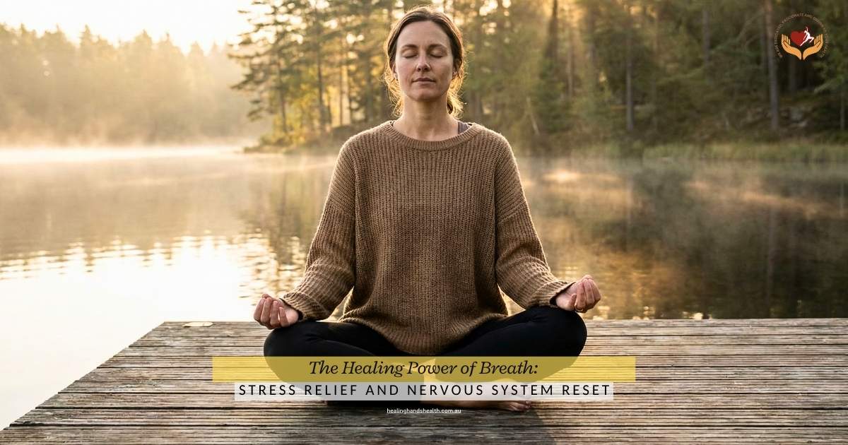 Woman practising deep breathing for stress relief and healing