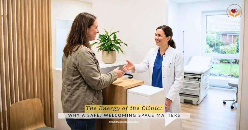 friendly practitioner greeting patient in a safe clinical setting