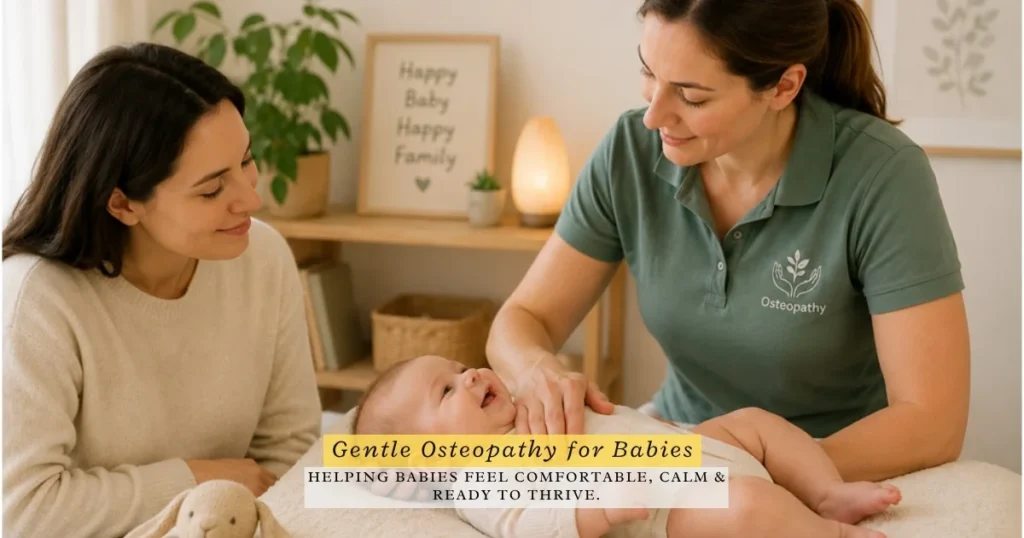osteopath providing gentle hands-on treatment to a calm newborn baby