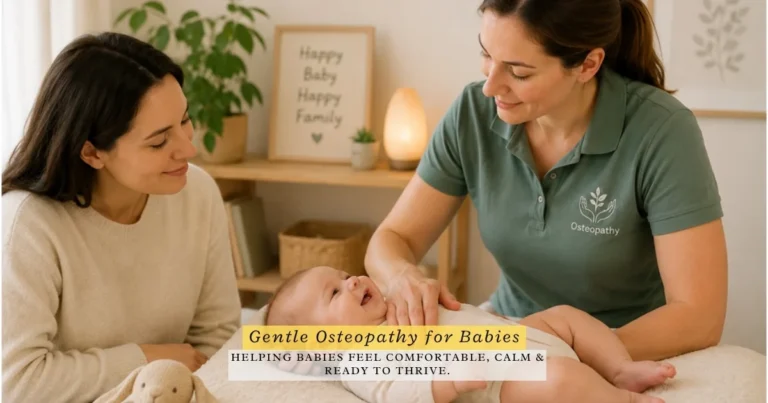 osteopath providing gentle hands-on treatment to a calm newborn baby