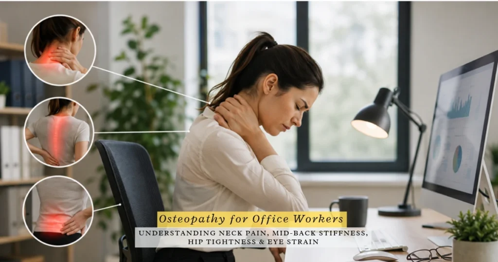office worker experiencing neck and shoulder tension from prolonged computer work