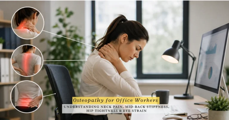 office worker experiencing neck and shoulder tension from prolonged computer work